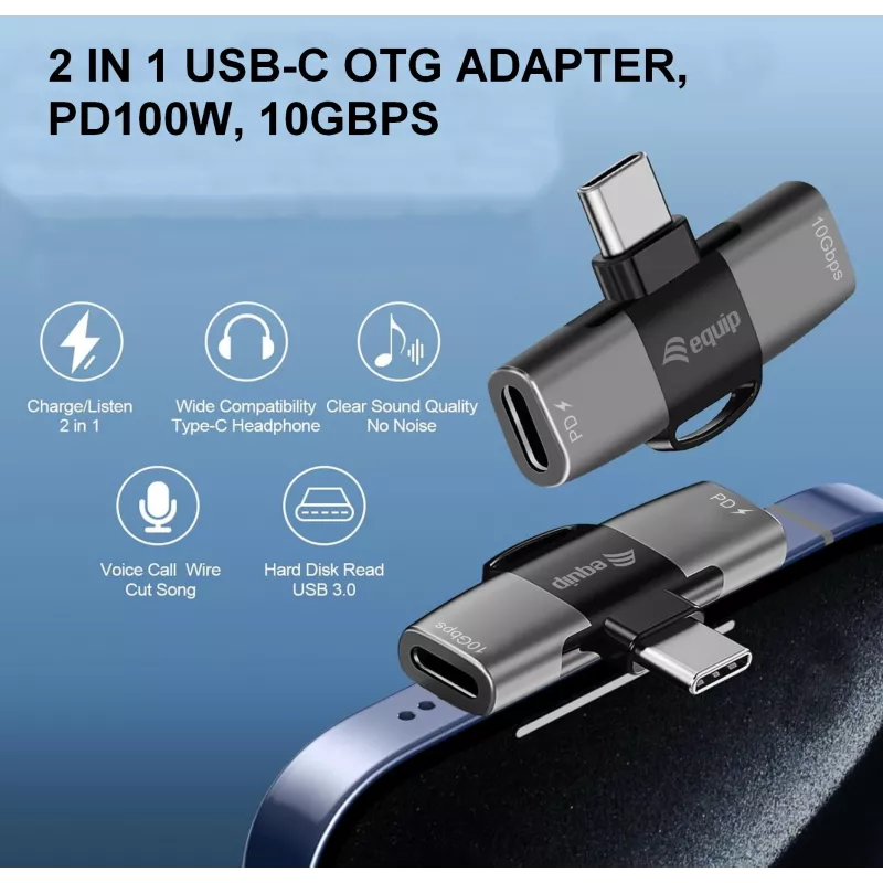 Adapter USB-C OTG 2-in-1 EQUIP 133479 — 100W PD, 10Gbps, 1x USB-C kuni 2x USB-C, hall