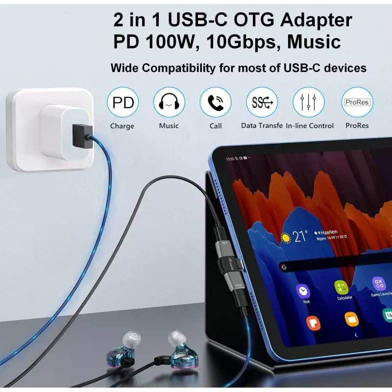 Adapter USB-C OTG 2-in-1 EQUIP 133479 — 100W PD, 10Gbps, 1x USB-C kuni 2x USB-C, hall