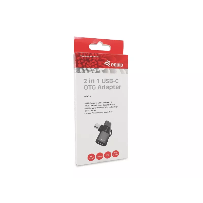 Adapter USB-C OTG 2-in-1 EQUIP 133479 — 100W PD, 10Gbps, 1x USB-C kuni 2x USB-C, hall