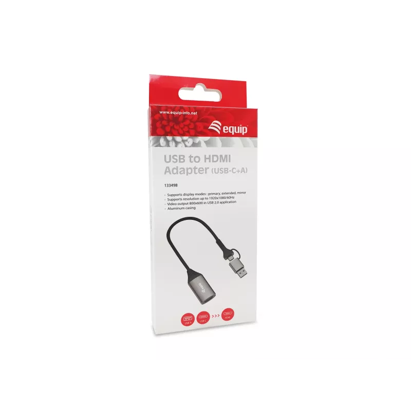 USB-HDMI-adapter EQUIP 133498 (USB-C ja USB-A isane HDMI-le, 1080p, alumiiniumkorpus, hall)