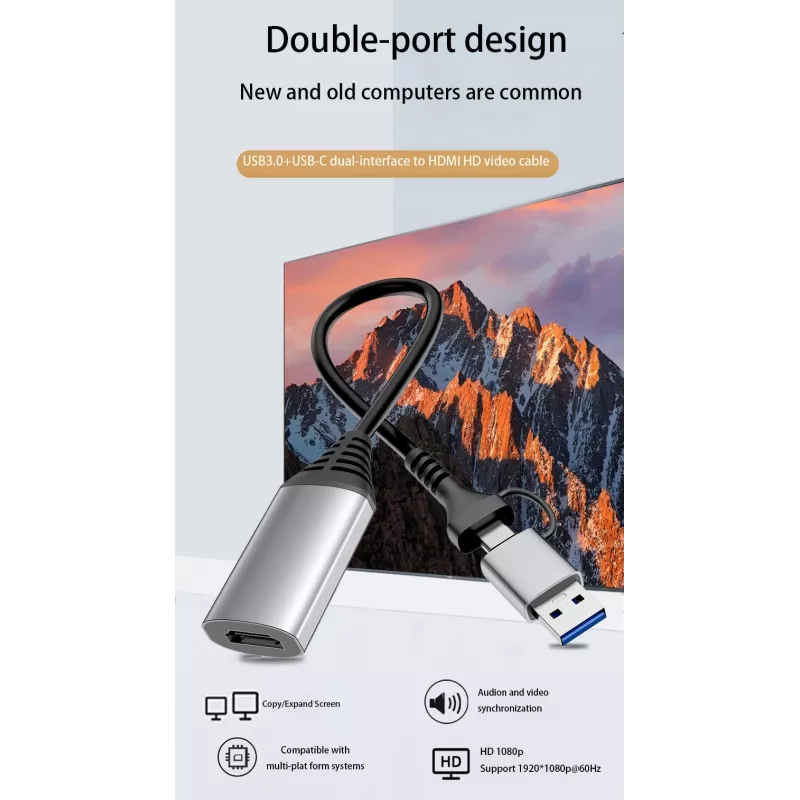 USB-HDMI-adapter EQUIP 133498 (USB-C ja USB-A isane HDMI-le, 1080p, alumiiniumkorpus, hall)