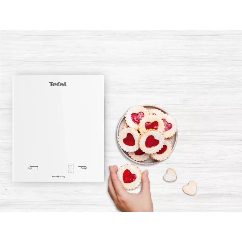 Elektrooniline köögikaal Tefal Essential BC5504V0 — 5 kg kandevõime, 1 g täpsus, LCD-ekraan, valge
