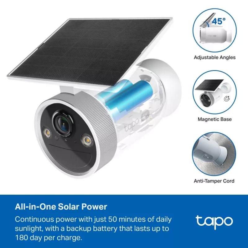 TP-Link Tapo Enhanced AI Solar Security Camera Ultra, juhtmevaba, kuul, Wi-Fi, välitingimustesse, 850 nm, 512 GB