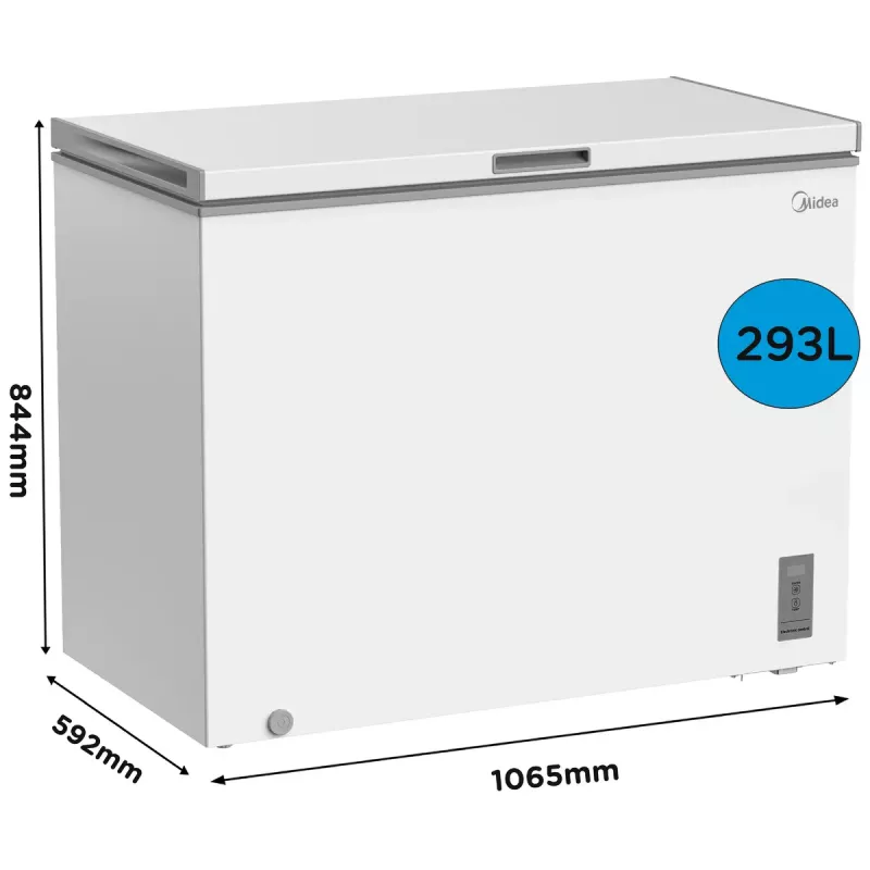 Sügavkülmik Midea MDRC411FZE01 — eraldiseisev, 293 L mahutavus, E energiaklass, 14 kg/24h külmutusvõimsus, valge