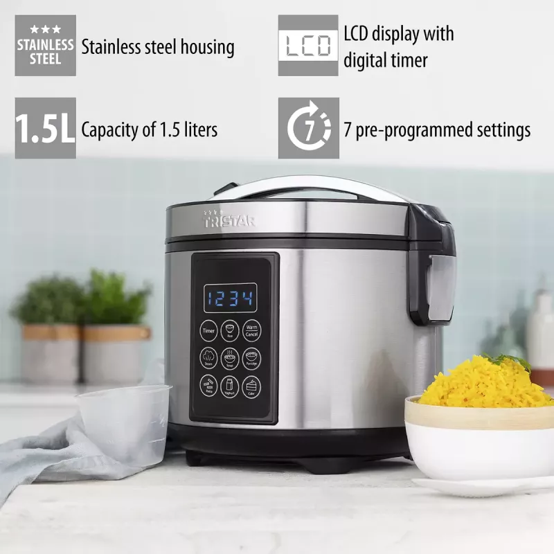 Multikeetja Tristar RK-6132 — 1,5 L, 500 W, 7 automaatprogrammi, LCD, roostevaba teras/must