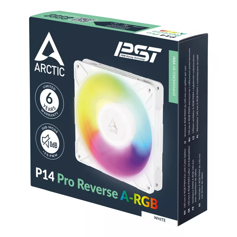 ARCTIC Freezer P14 Pro Reverse A-RGB (valge) – 3 tk komplekt – 140 mm A-RGB PWM ventilaator kaablijaguriga