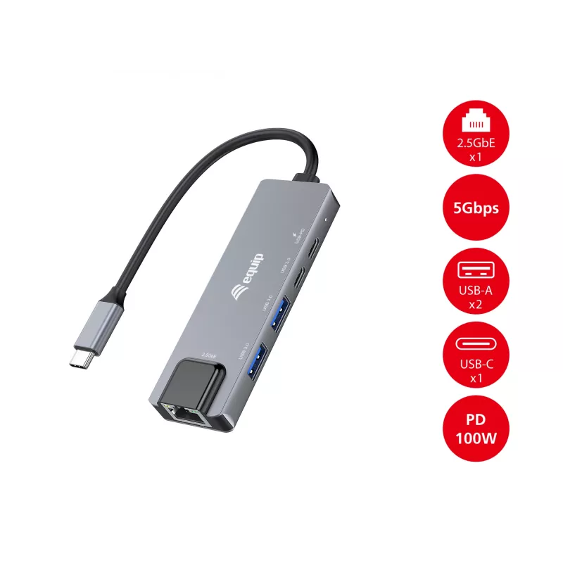 Equip 5 in 1 multifunktsionaalne adapter, 2.5GbE, USB-A x 2, USB-C x 1, USB-C, 100W USB PD