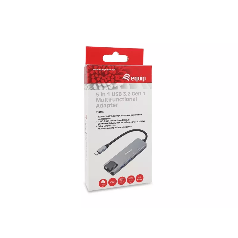 Equip 5 in 1 multifunktsionaalne adapter, 2.5GbE, USB-A x 2, USB-C x 1, USB-C, 100W USB PD