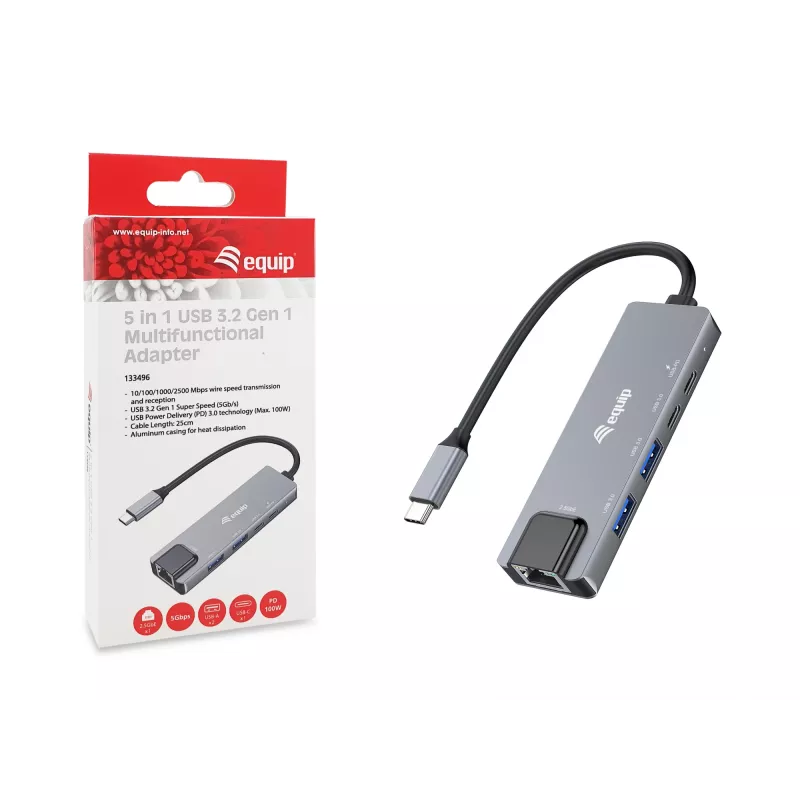 Equip 5 in 1 multifunktsionaalne adapter, 2.5GbE, USB-A x 2, USB-C x 1, USB-C, 100W USB PD