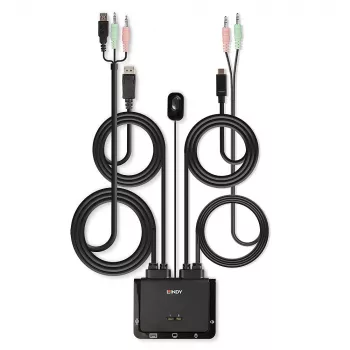 Lindy 2 pordiga DisplayPort 1.2, USB Type C, USB 2.0 ja helikaabli KVM-lüliti