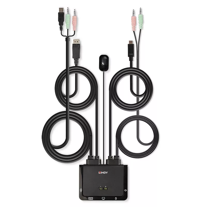 Lindy 2 pordiga DisplayPort 1.2, USB Type C, USB 2.0 ja helikaabli KVM-lüliti