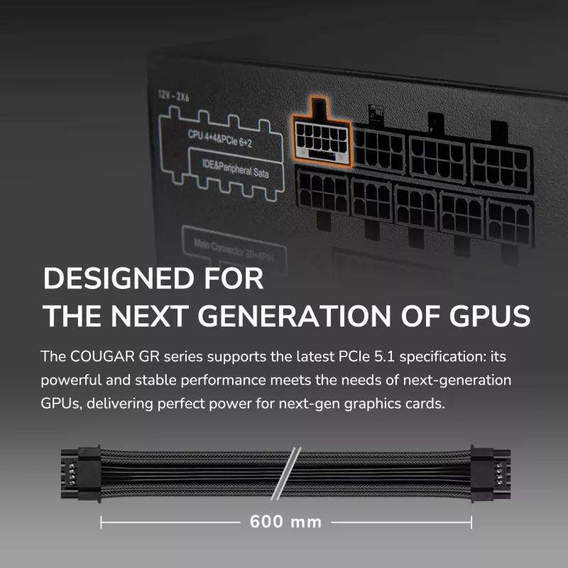 Toiteplokk Cougar GR 850W ATX3.1 PCIe 5.1 80 PLUS Gold, 850 W, 20+4 pin ATX, 120 mm ventilaator, must