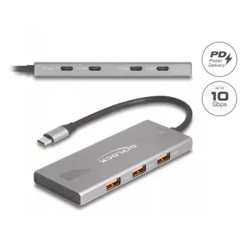 DELOCK USB 3.2 Gen 2 USB-C jaotur 7-pordiline (4×USB-C, 3×Type-A) 10 Gbit/s Hall