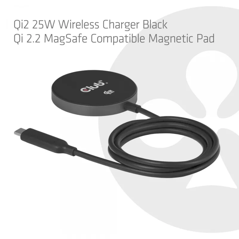 Juhtmevaba laadimispadi CLUB3D CAC-3027 Qi2 25W MagSafe-ühilduv magnetpadi, DC siselaadija, 1 m kaabel, must