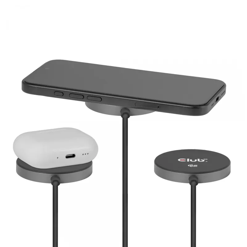 Juhtmevaba laadimispadi CLUB3D CAC-3027 Qi2 25W MagSafe-ühilduv magnetpadi, DC siselaadija, 1 m kaabel, must