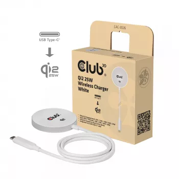Juhtmevaba laadija club 3d CAC-3026 25W Qi2 magnetiline pad, Qi 2.2 MagSafe ühilduv, 1 m kaabel, valge