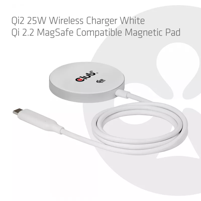 Juhtmevaba laadija club 3d CAC-3026 25W Qi2 magnetiline pad, Qi 2.2 MagSafe ühilduv, 1 m kaabel, valge
