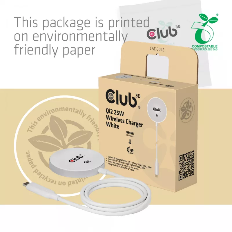 Juhtmevaba laadija club 3d CAC-3026 25W Qi2 magnetiline pad, Qi 2.2 MagSafe ühilduv, 1 m kaabel, valge