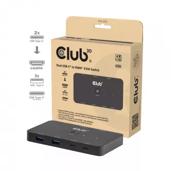 KVM-lüliti club 3d Dual USB-C HDMI-le, 2 pordiga, 4K UHD 3840x2160, USB-C konsool, 65W PD, must