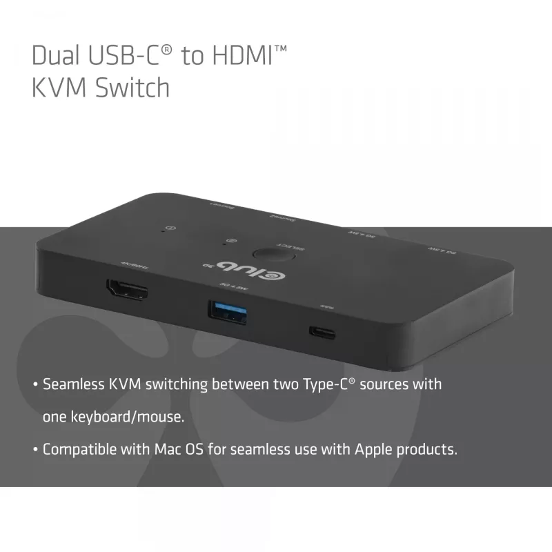KVM-lüliti club 3d Dual USB-C HDMI-le, 2 pordiga, 4K UHD 3840x2160, USB-C konsool, 65W PD, must