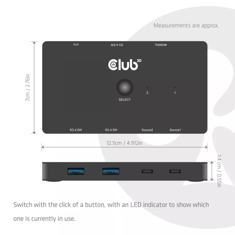KVM-lüliti club 3d Dual USB-C HDMI-le, 2 pordiga, 4K UHD 3840x2160, USB-C konsool, 65W PD, must