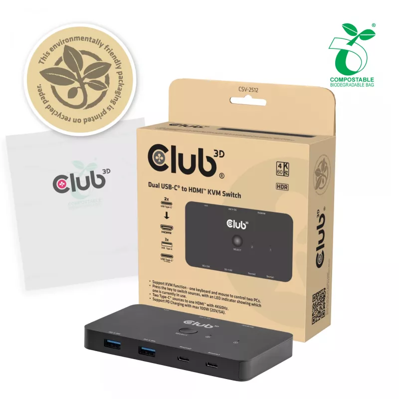 KVM-lüliti club 3d Dual USB-C HDMI-le, 2 pordiga, 4K UHD 3840x2160, USB-C konsool, 65W PD, must