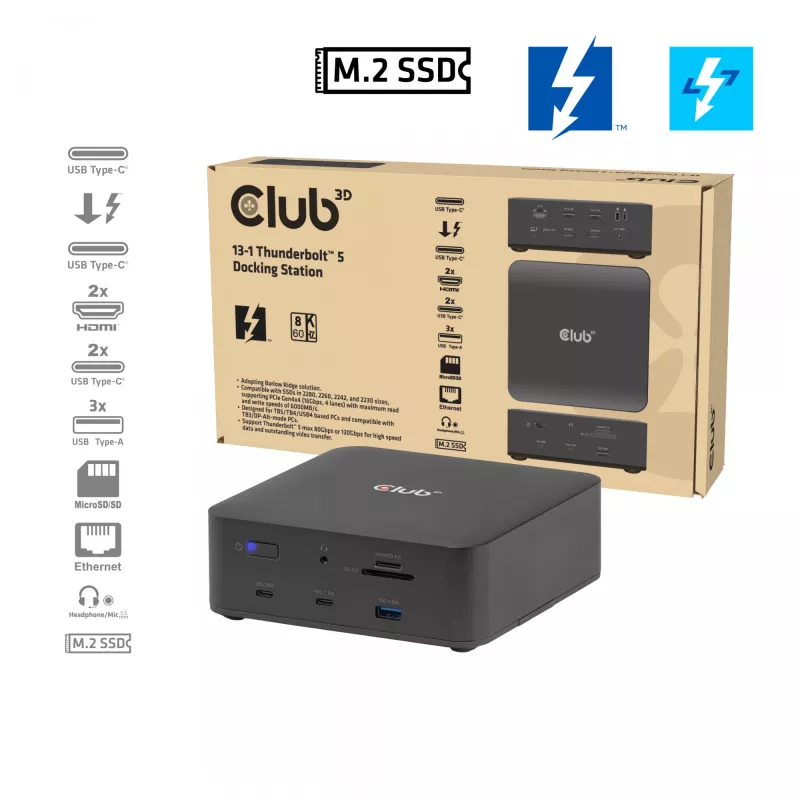 Dokkimisjaam CLUB3D CSV-2562 Thunderbolt 5, M.2 SSD, 2×HDMI 8K60Hz, 180W, 120 Gbit/s