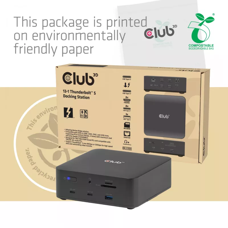 Dokkimisjaam CLUB3D CSV-2562 Thunderbolt 5, M.2 SSD, 2×HDMI 8K60Hz, 180W, 120 Gbit/s