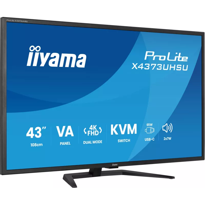 43-tolline IIYAMA ProLite X4373UHSU-B2 LED 4K Ultra HD monitor, 3840×2160, VA paneel, 3 ms, 450 cd/m², USB 3.2 jaotur, kõlarid, VESA, must