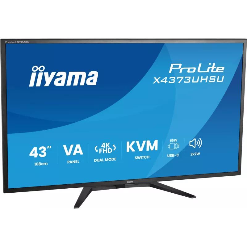 43-tolline IIYAMA ProLite X4373UHSU-B2 LED 4K Ultra HD monitor, 3840×2160, VA paneel, 3 ms, 450 cd/m², USB 3.2 jaotur, kõlarid, VESA, must