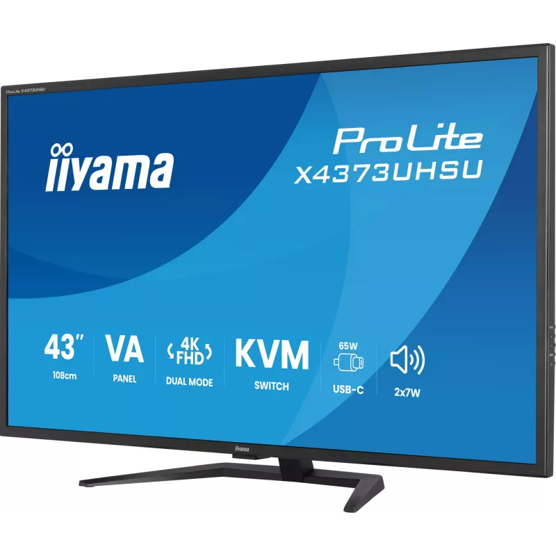 43-tolline IIYAMA ProLite X4373UHSU-B2 LED 4K Ultra HD monitor, 3840×2160, VA paneel, 3 ms, 450 cd/m², USB 3.2 jaotur, kõlarid, VESA, must