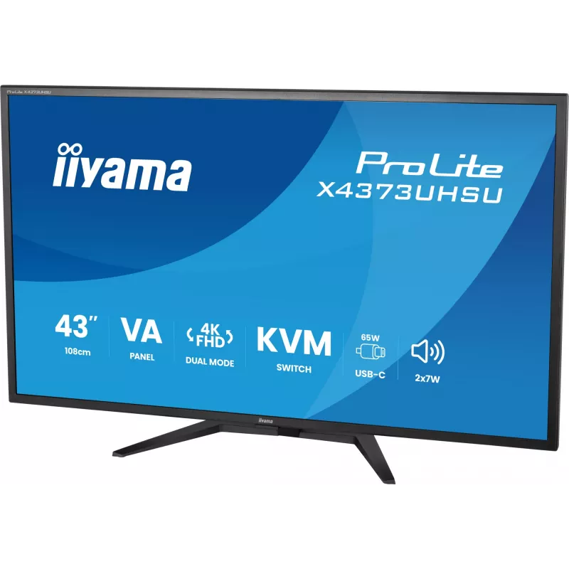 43-tolline IIYAMA ProLite X4373UHSU-B2 LED 4K Ultra HD monitor, 3840×2160, VA paneel, 3 ms, 450 cd/m², USB 3.2 jaotur, kõlarid, VESA, must