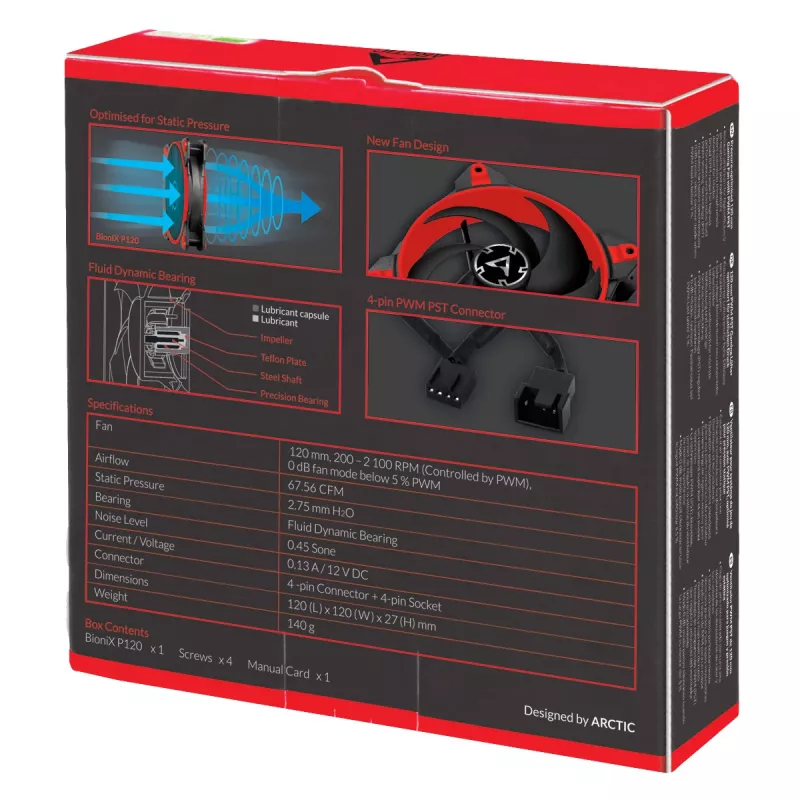 ARCTIC BioniX P120 (punane) – rõhu optimeeritud 120 mm mänguventilaator PWM PST-iga