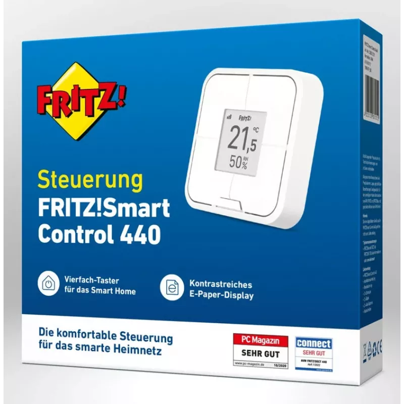 Seinale paigaldatav juhtmevaba nutikas kontroller FRITZ Smart Control 440 — Valge, 69×69×18 mm