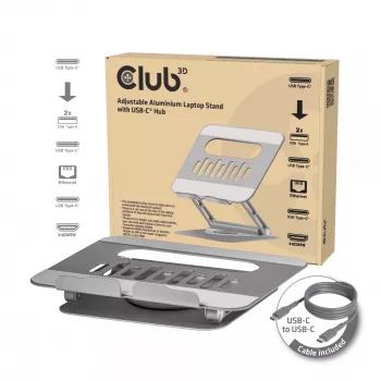 CLUB3D Reguleeritav alumiiniumist sülearvuti alus USB-C® jaoturiga, hall, 260 mm, 224 mm, 56 mm, 1.76 kg, 315 mm