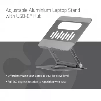 CLUB3D Reguleeritav alumiiniumist sülearvuti alus USB-C® jaoturiga, hall, 260 mm, 224 mm, 56 mm, 1.76 kg, 315 mm