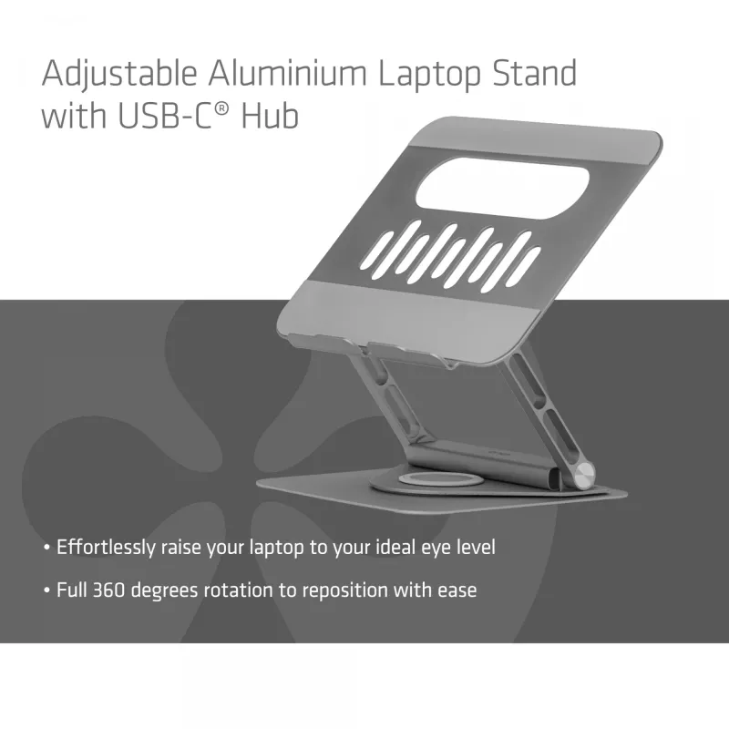 CLUB3D Reguleeritav alumiiniumist sülearvuti alus USB-C® jaoturiga, hall, 260 mm, 224 mm, 56 mm, 1.76 kg, 315 mm
