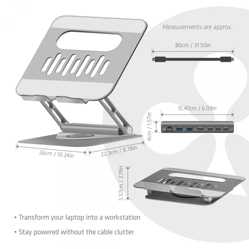 CLUB3D Reguleeritav alumiiniumist sülearvuti alus USB-C® jaoturiga, hall, 260 mm, 224 mm, 56 mm, 1.76 kg, 315 mm