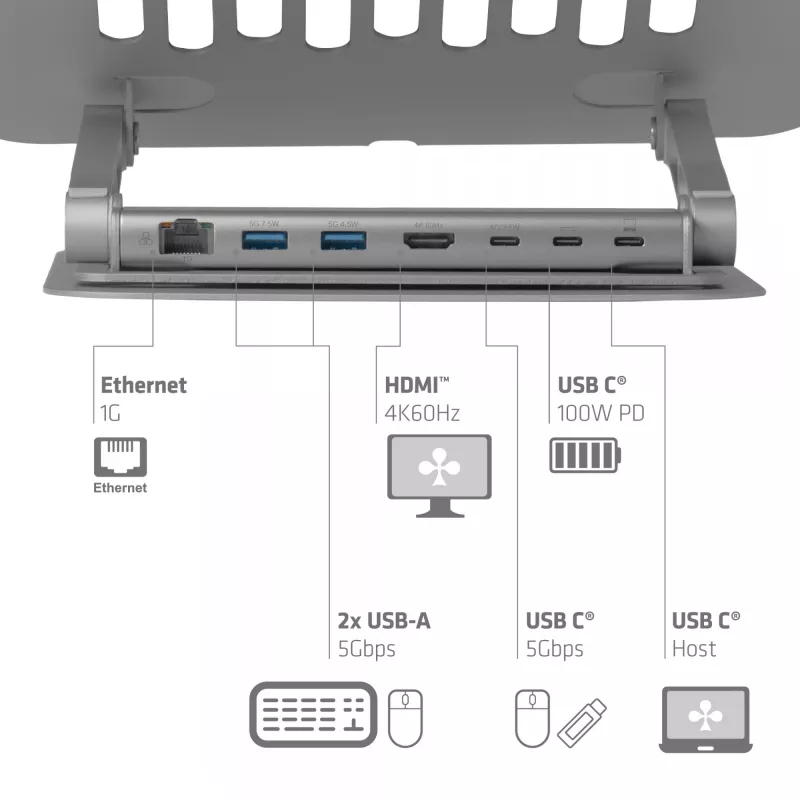 CLUB3D Reguleeritav alumiiniumist sülearvuti alus USB-C® jaoturiga, hall, 260 mm, 224 mm, 56 mm, 1.76 kg, 315 mm