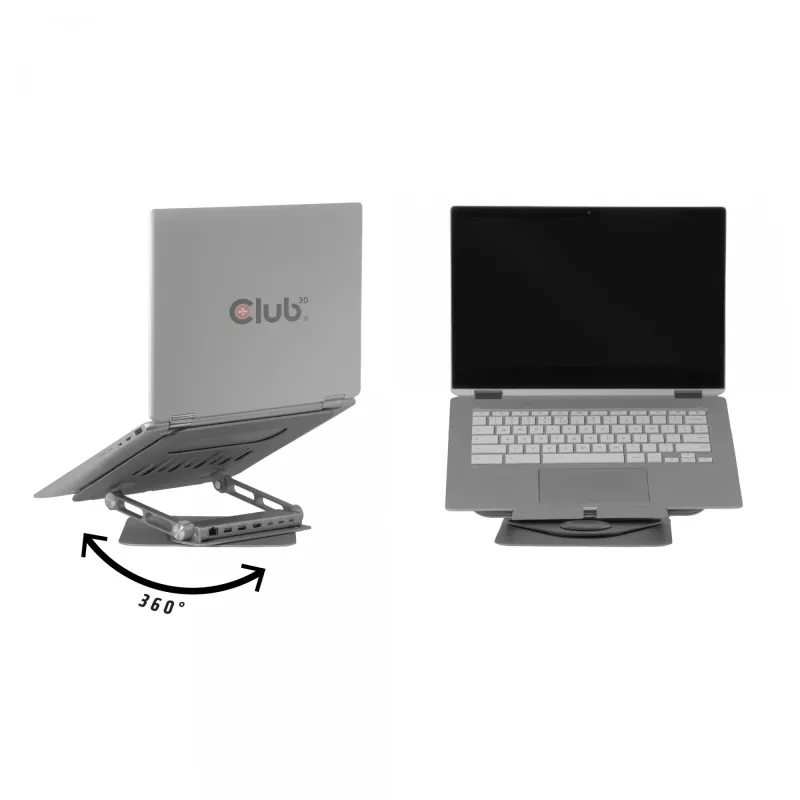 CLUB3D Reguleeritav alumiiniumist sülearvuti alus USB-C® jaoturiga, hall, 260 mm, 224 mm, 56 mm, 1.76 kg, 315 mm