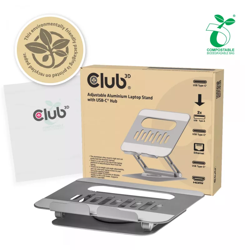 CLUB3D Reguleeritav alumiiniumist sülearvuti alus USB-C® jaoturiga, hall, 260 mm, 224 mm, 56 mm, 1.76 kg, 315 mm