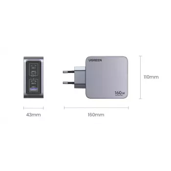 Ugreen Nexode Pro 160W GaN laadija USB-C kaabliga universaalne must, hall AC kiirlaadimine siseruumides