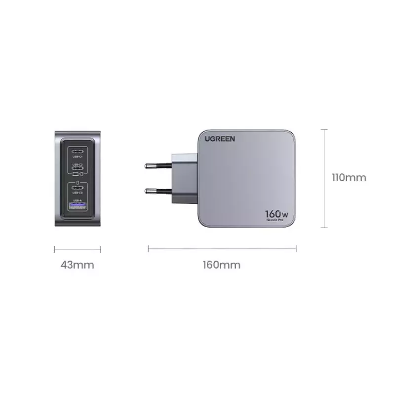 Ugreen Nexode Pro 160W GaN laadija USB-C kaabliga universaalne must, hall AC kiirlaadimine siseruumides