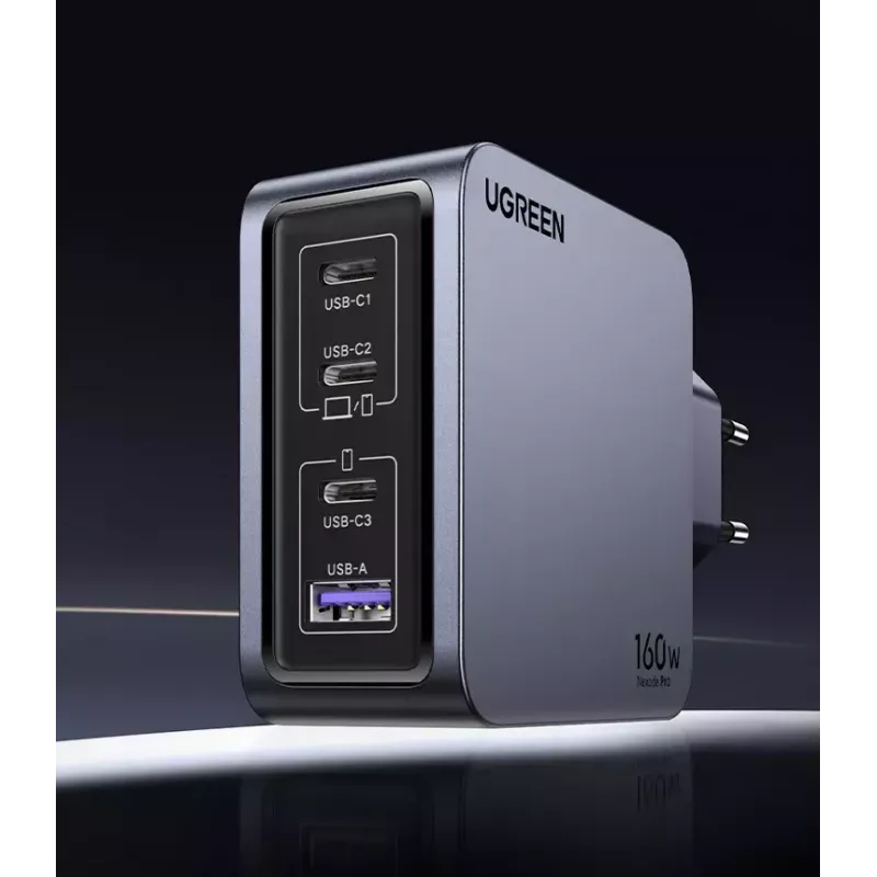Ugreen Nexode Pro 160W GaN laadija USB-C kaabliga universaalne must, hall AC kiirlaadimine siseruumides