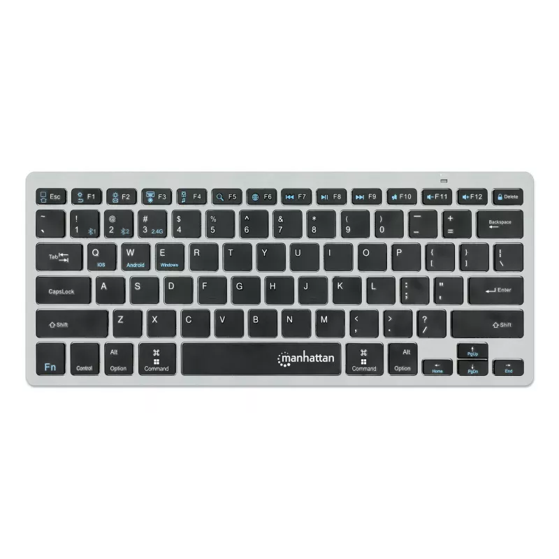 Manhattan Ultra õhuke Dual-Mode juhtmevaba klaviatuur, Saksa QWERTZ paigutus, Bluetooth (v3.0) ja juhtmeta (2,4 GHz), 78 madalprofiiliga kääritüüpi klahvi, automaatne toitehaldus, leviala 10 m, USB-A mikro vastuvõtja, AAA-aku (kaasas), Windows ja Mac, kolmeaastane garantii