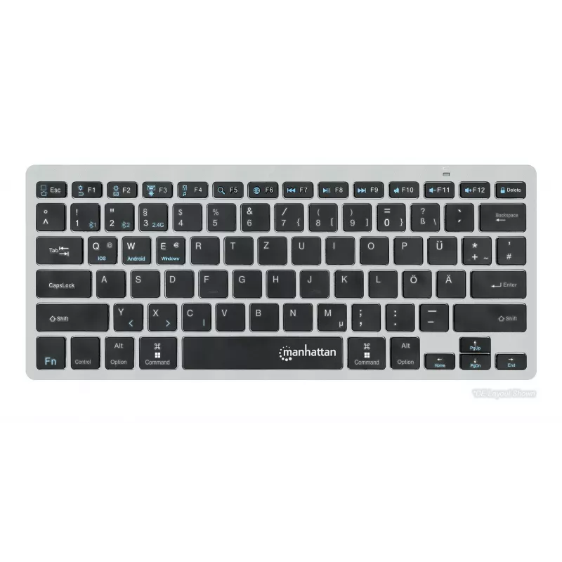 Manhattan Ultra õhuke Dual-Mode juhtmevaba klaviatuur, Saksa QWERTZ paigutus, Bluetooth (v3.0) ja juhtmeta (2,4 GHz), 78 madalprofiiliga kääritüüpi klahvi, automaatne toitehaldus, leviala 10 m, USB-A mikro vastuvõtja, AAA-aku (kaasas), Windows ja Mac, kolmeaastane garantii