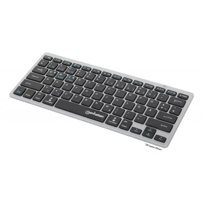 Manhattan Ultra õhuke Dual-Mode juhtmevaba klaviatuur, Saksa QWERTZ paigutus, Bluetooth (v3.0) ja juhtmeta (2,4 GHz), 78 madalprofiiliga kääritüüpi klahvi, automaatne toitehaldus, leviala 10 m, USB-A mikro vastuvõtja, AAA-aku (kaasas), Windows ja Mac, kolmeaastane garantii