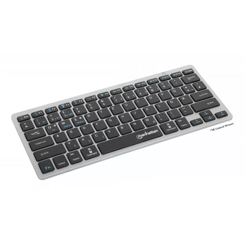 Manhattan Ultra õhuke Dual-Mode juhtmevaba klaviatuur, Saksa QWERTZ paigutus, Bluetooth (v3.0) ja juhtmeta (2,4 GHz), 78 madalprofiiliga kääritüüpi klahvi, automaatne toitehaldus, leviala 10 m, USB-A mikro vastuvõtja, AAA-aku (kaasas), Windows ja Mac, kolmeaastane garantii