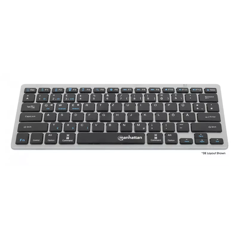 Manhattan Ultra õhuke Dual-Mode juhtmevaba klaviatuur, Saksa QWERTZ paigutus, Bluetooth (v3.0) ja juhtmeta (2,4 GHz), 78 madalprofiiliga kääritüüpi klahvi, automaatne toitehaldus, leviala 10 m, USB-A mikro vastuvõtja, AAA-aku (kaasas), Windows ja Mac, kolmeaastane garantii