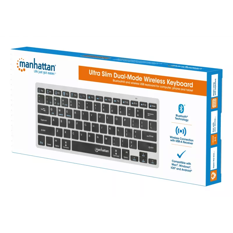 Manhattan Ultra õhuke Dual-Mode juhtmevaba klaviatuur, Saksa QWERTZ paigutus, Bluetooth (v3.0) ja juhtmeta (2,4 GHz), 78 madalprofiiliga kääritüüpi klahvi, automaatne toitehaldus, leviala 10 m, USB-A mikro vastuvõtja, AAA-aku (kaasas), Windows ja Mac, kolmeaastane garantii